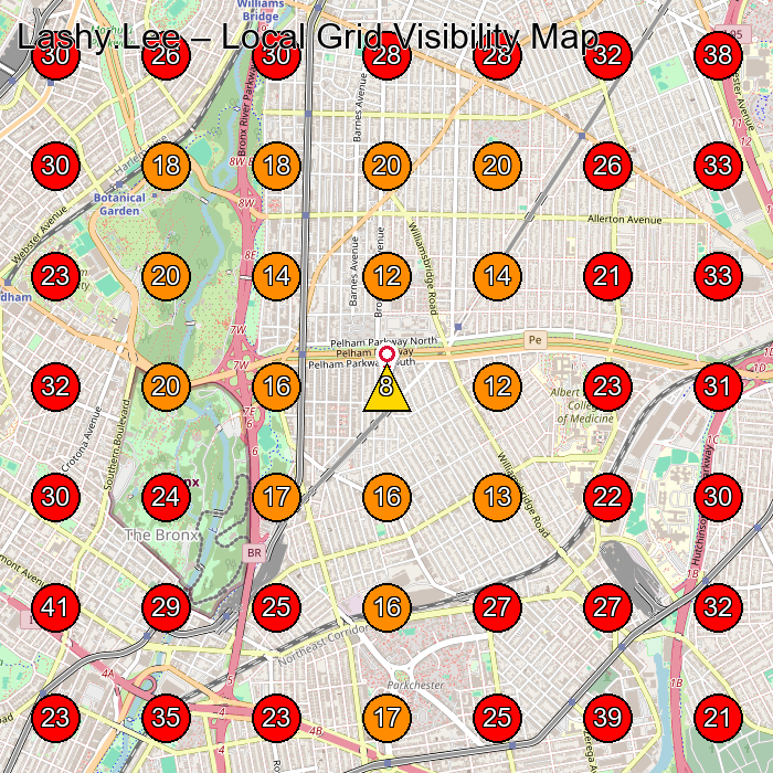 Lashy.Lee GeoGrid visibility map for Beauty Salon in Bronx